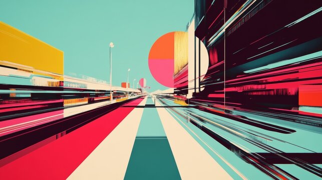 A vibrant abstract representation of a cityscape, featuring futuristic elements with an interplay of bold colors and sharp lines, evoking a sense of movement and innovation.