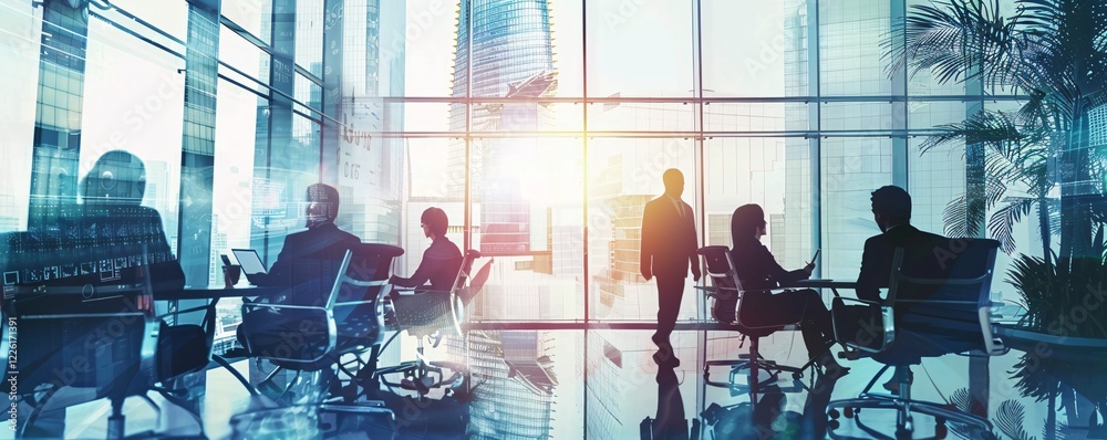 Poster business team working in a modern office with a cityscape view, showcasing teamwork and ambition in 