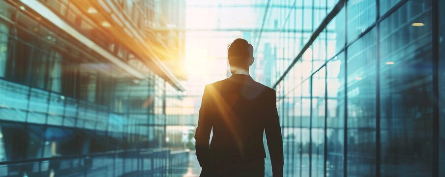 Businessman walking in modern office building corridor looking at bright future concept
