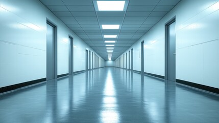 Obraz premium Long, bright hospital corridor with closed doors and shiny floor.