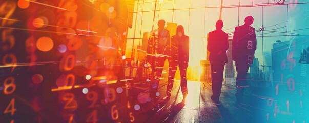 Silhouette of business team walking in a modern office with data and cityscape background