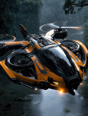 A sleek orange hovercraft glides over a winding river surrounded by lush greenery, as rain pours down and the evening sky darkens. The atmosphere is tense yet exciting.