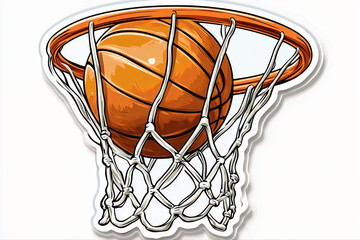Sticker of a basketball passing through a net, vector illustration, white background, die cut sticker with frame