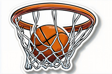Sticker of a basketball passing through a net, vector illustration, white background, die cut sticker with frame