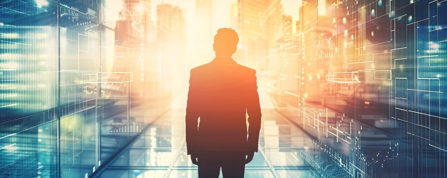 Silhouette of a businessman walking in futuristic city with data flow, concept of big data and new technologies
