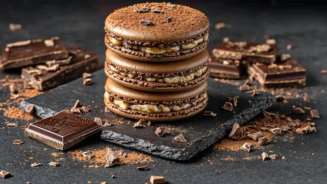 Indulge in Sweet Cho te Macarons Gourmet Dessert Treat with Cocoa and Confectionery Delights Stacked on Slate Plate.