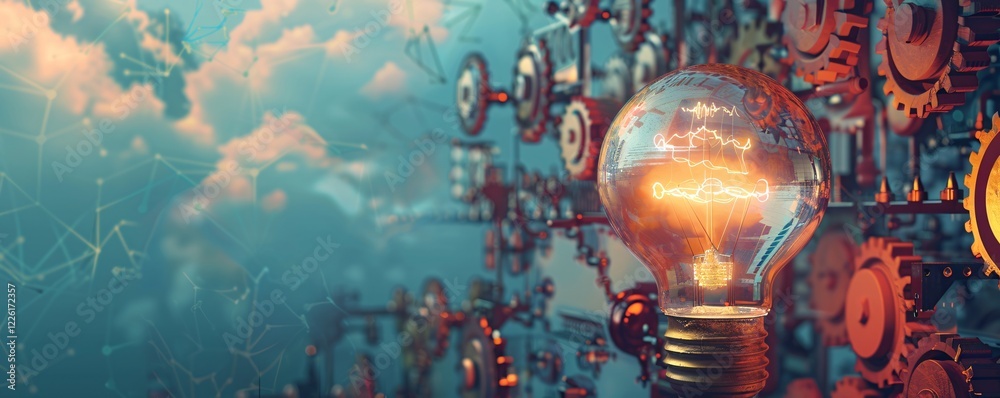 Poster illustrating technological progress with a glowing light bulb surrounded by gears and network connec