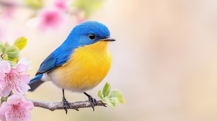 Fototapeta premium Blue bird perched on blooming branch, spring garden, nature. Website banner