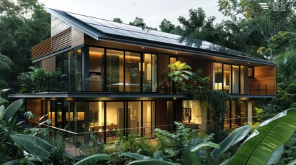 Fototapeta premium Modern eco-friendly home nestled in lush greenery. Solar panels power this sustainable wooden house with large glass windows, offering stunning views.