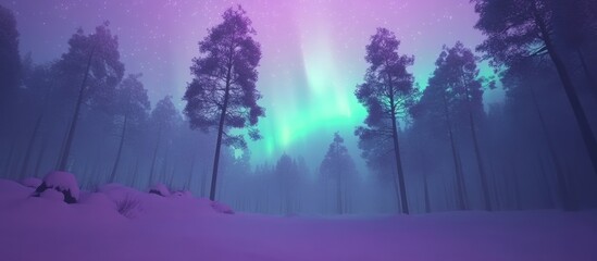 Enchanting aurora borealis illuminating a snowy, misty pine forest at night.