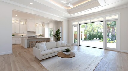 Modern living room with kitchen view, poolside backyard, and natural light. Ideal for real estate listings