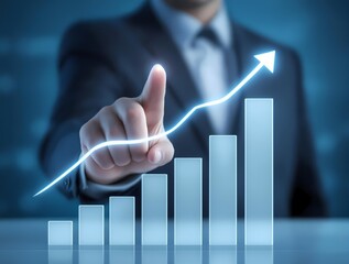 Businessman Pointing at Glowing Upward Arrow Growth Chart, Business Success and Financial Growth Concept, Future Trends and Achievement, Corporate Success and Progress