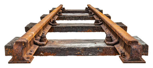 Rusty train tracks extend into the distance isolated on transparent background