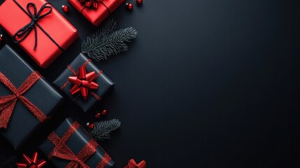 Fototapeta premium Red and black gifts arranged artistically against a dark background.