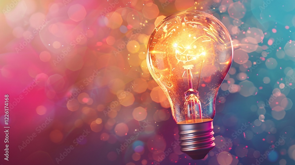 Aufkleber Illuminating light bulb with colorful bokeh background signifying creativity and fresh concepts