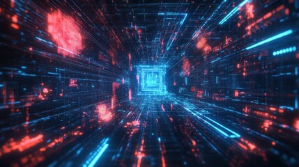Fototapeta premium Abstract digital tunnel with glowing red and blue lines and shapes in a dark background