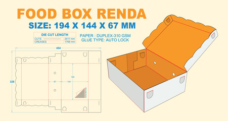 Food Box Renda 194 x 144 x 67 mm. Packaging Die Cut Template Design. 2d TD Real Shape & Dimension. 3d Box Mock Up. Prepared for production.