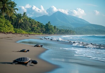 Fototapeta premium Calm Tropical Beach with Sea Turtles Crawling on Sand Near Waves, Lush Green Palm Trees and Majestic Mountain in Background Under Clear Blue Sky