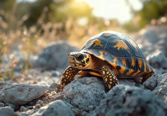 Obraz premium Captivating Close-Up of a Colorful Tortoise in Natural Habitat Under Soft Golden Light on a Rocky Surface