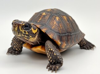 Captivating close-up of a majestic turtle showcasing intricate shell patterns and vibrant colors against a soft white background