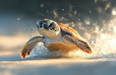 Obraz premium Captivating Image of a Sea Turtle Gliding Through Water with Sparkling Drops and a Soft Sandy Background