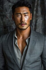 Fototapeta premium Serious Asian man in a gray suit. Subtle stubble, detailed skin. Cinematic lighting, textured dark background. Modern, sharp image.