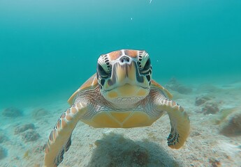 Obraz premium Captivating Green Sea Turtle Swimming Gracefully Underwater in Crystal Clear Ocean Water Environment