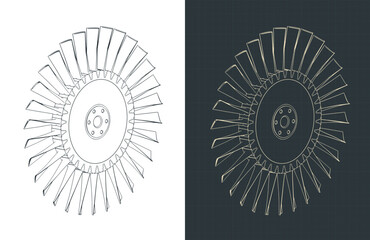 Compressor blisk and turbine blades blueprints © blacklight_trace