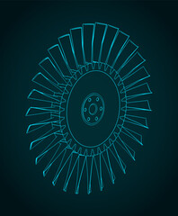 Compressor blisk and turbine blades isometric blueprint