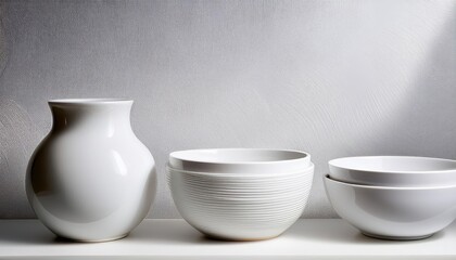 Minimalist White Texture Background with Striking Arrangement of Porcelain Ware Vase, Bowl, and Plate, Evoking a Sophisticated and Clean Aesthetic.