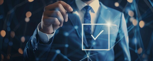 Businessman using stylus pen ticking digital checkbox approving business agreement in cyberspace