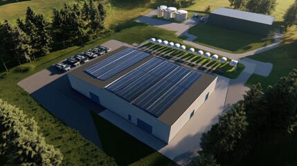 Aerial view of a commercial building with solar panels and industrial tanks in a rural setting