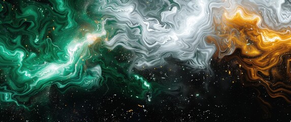 Fototapeta premium Surreal galaxy swirls Emerald green matte black white Celestial clouds glowing constellations blend in a cosmic abstract art piece.