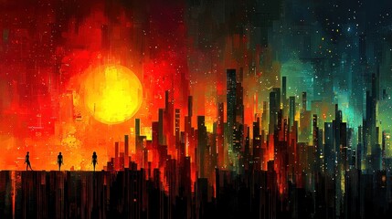 Fototapeta premium Sunset Cityscape: A Digital Painting of a Futuristic Metropolis