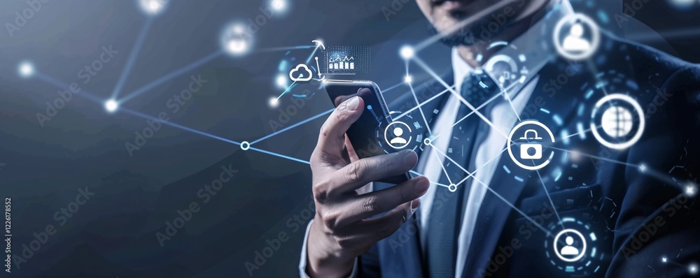 Aufkleber businessman holds a smartphone with a network of global connections and data icons