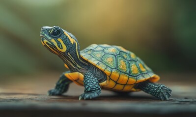 Obraz premium Close-Up of a Colorful Turtle on a Natural Background with Soft Focus Highlighting Its Scales and Unique Patterns in a Serene Environment