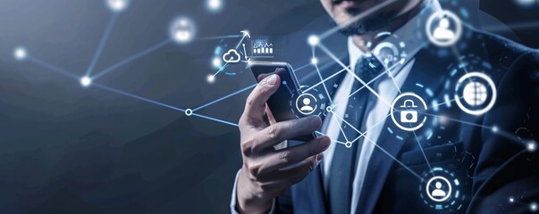 Fototapeta premium Businessman holds a smartphone with a network of global connections and data icons