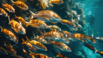 There are many fish swimming in the water together
