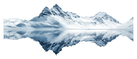 Fototapeta premium Snowy mountains reflect in calm lake during winter isolated on transparent background
