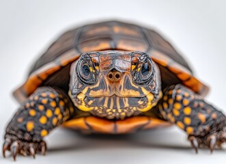Obraz premium Close-Up of a Colorful Turtle with Intricate Patterns on Its Shell and Bright Eyes Posing on a White Background for Nature Photography Enthusiasts