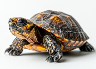 Close-Up of a Colorful Turtle with Intricate Shell Patterns and Bright Orange Accents, Captured Against a Minimalistic Background
