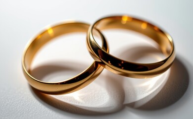 A close-up of two elegant gold wedding rings on a white surface, illuminated by soft natural light, symbolizing love, marriage, commitment, and eternity.
