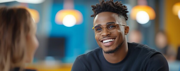 A cheerful man smiles while engaged in conversation with a woman in a modern, vibrant cafe setting, showcasing warmth and connection in a lively atmosphere.