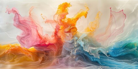 Fototapeta premium Translucent marbled colors flow across the canvas. Fluid, graceful shapes in vibrant hues create a modern art masterpiece. A dreamy blend of pink, orange, and blue.