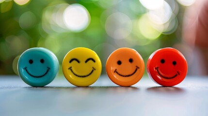 Four vibrant smiley faces symbolize joy and positivity
