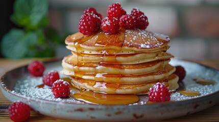 There is a stack of pancakes with syrup and raspberries on a plate, food background