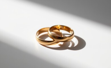 A close-up of two elegant gold wedding rings on a white surface, illuminated by soft natural light, symbolizing love, marriage, commitment, and eternity.