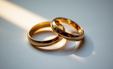 A close-up of two elegant gold wedding rings on a white surface, illuminated by soft natural light, symbolizing love, marriage, commitment, and eternity.
