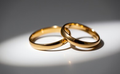 A close-up of two elegant gold wedding rings on a white surface, illuminated by soft natural light, symbolizing love, marriage, commitment, and eternity.