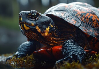 Obraz premium Close-Up of a Colorful Turtle with Vibrant Shell Resting on Mossy Rock by Water's Edge in a Tranquil Natural Setting